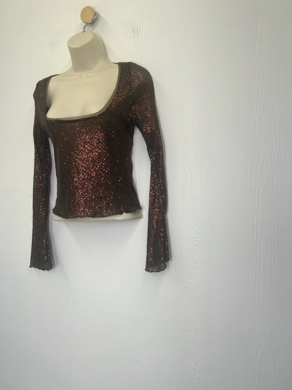 Free People - Late Night Disco Sequins Long Sleeve Fudge Brown Blouse Size Small